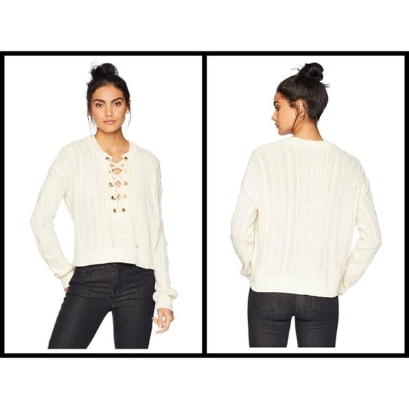 💕SHOW ME YOUR MUMU💕 Joey Lace Up Sweater Snowflake Cable Knit Soft White S NWT - Picture 6 of 8